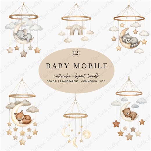 Baby Mobile Clipart Bundle, Neutral Boho Woodland Nursery Watercolor Hanging Mobile PNG, Moon Stars Clouds Forest Friends - Etsy