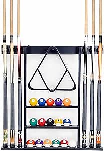 Iszy Billiards Pool Cue Rack - Billiard Pool Stick and Ball Holder Only - 100% Wood Wall Mount Holds 6 Cues and 16 Balls - Pool Table Accessories, Oak