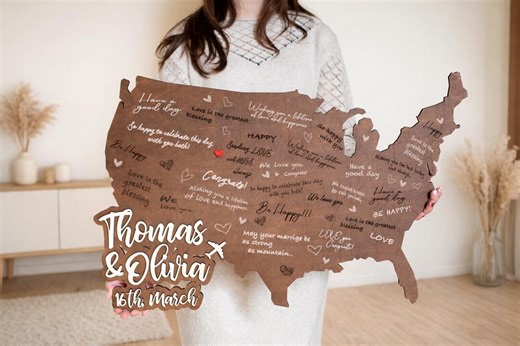 USA States Map Guest Book Wedding, Alternative Guest Book Personalized Travel Map, United States Wood Cutout Guestbook - Etsy