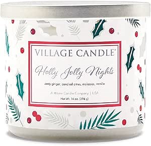 Village Candle Holly Jolly Nights Luminary 3-Wick Glass Bowl, Scented Candle, 14 oz.