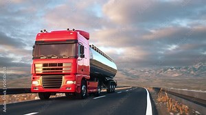 Front-view camera follows a tank truck driving on a highway into the sunset. Realistic high quality 3d animation.