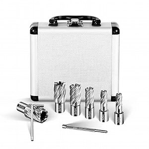 SALI Annular Cutter Set 6 pcs, Weldon Shank 3/4”, Cutting Depth 1”, Outside Diameter 1/2 to 1-1/16 Inch, Mag Drill Bits Kit for Magnetic Drill Press HSS Fully Ground Drill with 1/4”*3” Pilot Pin and