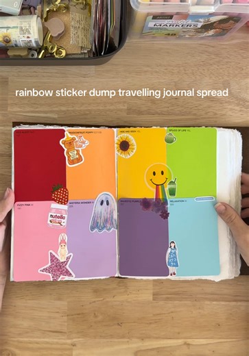 Rainbow sticker dump spread inspired by the clever @Bella Grace this was such a fun and simple page to create, I can’t wait to see it when it comes back to me all filled up 🌈 #sisterhoodofthetravelingjournal #journalspreadwithme #journaltok #travellingjournal #stickerdump