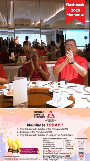 21st Annual MDW & Employer of the Year Award 2026 and MDW 6th Long Service Award 2026 Nominate TODAY!! Entry forms are available at: Employer Nomination Form: https://aeas.org.sg/aeas-employer-of-the-year-award-2026 MDW Nomination Form: https://aeas.org.sg/aeas-mdw-of-the-year-award-2026 Last Day of Nomination: 4th January 2026 AEAS Website: www.aeas.org.sg Singtel Dash #FriendsofDash #aeasfunclub #NTUCUSME #jayaprema #SingaporeMinistryofManpower #ntucwomenandfamily #CDE #theroyalembassyofcambod