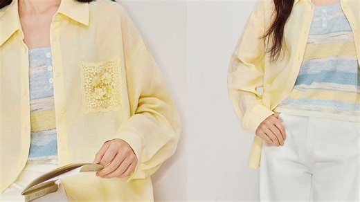 茵曼（INMAN）亚麻莱赛尔蕾丝口袋衬衫2026春季女