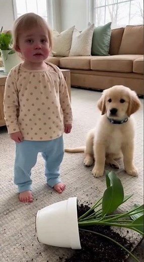 Toddler & Puppy’s Hilarious Guilty Look When Caught Red-Handed!