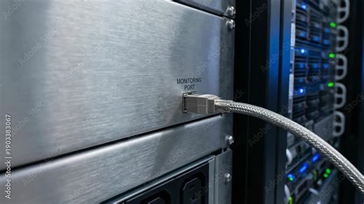 Digital monitoring control cooling distribution unit ai center server rack cable connection secure technician hand plugs network cable into metal monitoring port for safety performance data center