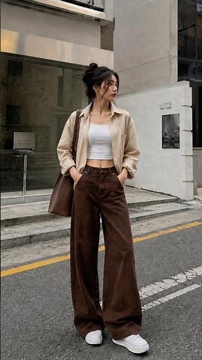 🤎 Brown Wide Leg Pants Outfit Ideas | Casual Street Style Look #shorts