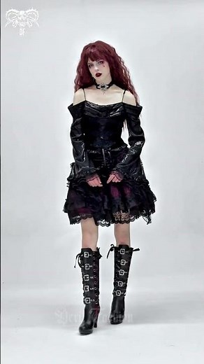 SKT23902 Women's Gothic Buckle Strap Multilayer Hem Skirt Red #goth #gothstyle #gothicfashion