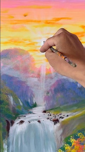 How to Paint a Simple Sun in a Beautiful Mountain & Waterfall Landscape | Easy Acrylic Art