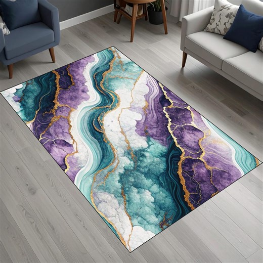 Purple Turquoise Marble Rug, Gold Vein Abstract Area Rug, Modern Luxury Living Room Carpet, - Etsy