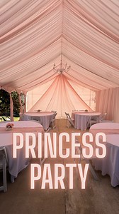 follow 🩷 for weekly transformations 20x20 tent draping with 4 round tables 4 floor length table cloths 4 runners and 40 white padded chairs for a princess party #princessparty | Prominent Parties