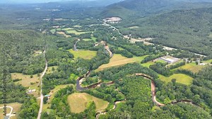 Baker River and Rumney historic center aerial view in summer in White Mountain National forest, Rumney, New Hampshire NH, USA.