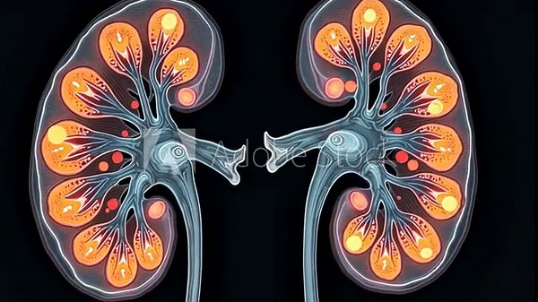 kidney scan, renal imaging, urinary function. Organ health. Nephrons filter blood efficiently daily. Glomeruli response improves waste clearance. 3D medical render shows renal anatomy.
