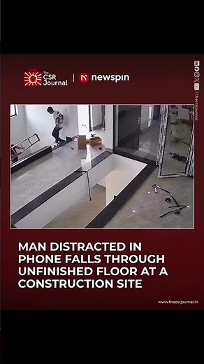 Man distracted in phone falls through unfinished floor at a construction site