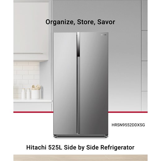 2.5K views · 12 reactions | The Hitachi Side By Side Refrigerator offers generous storage space with its 3 Layer Storage Drawers, ensuring your ingredients are kept well organised. Paired with Surround Cooling technology, your groceries maintain their freshness, minimising food waste and preserving flavour for delicious tasting meals. Item Featured: HRSN9552DDXSG #Hitachi #HomeAppliances #HitachiHomeAppliances #Refrigerator | Hitachi Home Appliances | Facebook