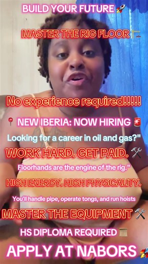 📍 Hiring in New Iberia, LA! > Looking for a career that’s hands-on and high-energy? Nabors is looking for Floorhands to join the team. From mastering pipe handling to ensuring a safe rig floor, this is where the action happens. ✅ High School Diploma/GED required ✅ Safety-first culture ✅ Industry-leading tech #Nabors #Floorhand #NewIberia #OilfieldLife #HiringLouisiana