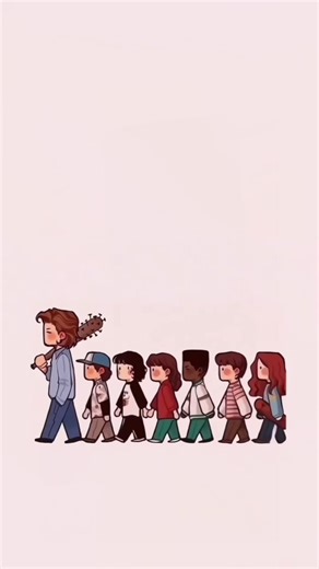 This is a chibi-style character illustration of the cast from Stranger Things. It has a warm and lovely overall atmosphere, using soft lines and low-saturation warm color tones to faithfully recreate the core members of the main group from the series. Click the bottom left corner to create a same-style wallpaper, Stranger Things wallpaper creation tutorial #capcut #capcutforus #capcutpioneer #strangerthings5 #4klivewallpaper