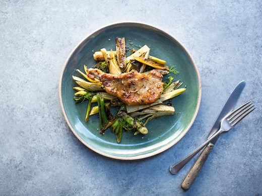 Crispy Fennel Pork Chops with Pan-fried Fennel