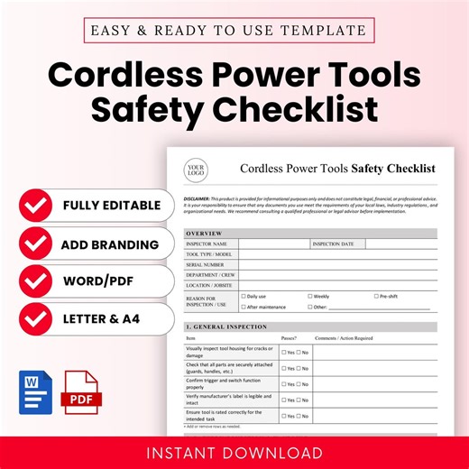 Cordless Power Tools Safety Checklist Template – Word & PDF, A4   US Letter - Etsy