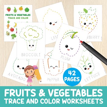 Fruits & Vegetables Trace and Color Worksheets - Pre-Writing Practice - Tracing