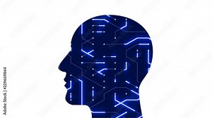4k Brain head connect chip circuit digital lines,people expanding thinking AI artificial intelligence creative science symbol art animation.
