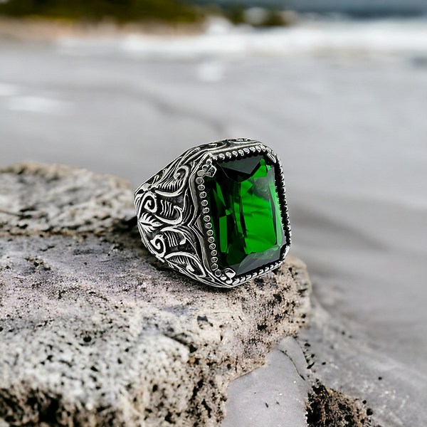 Handmade Emerald Ring for Men, Green Stone Emerald Square Ring, 925 Sterling Silver Ring, Gift for Him, Fathers Day Gift, Emerald Ring Men - Etsy