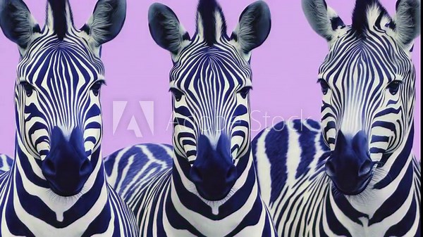 Purple zebra family, four individuals of different ages and genders shown in portrait orientation.