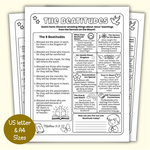 The Beatitudes Printable for Kids | Matthew 5:3–12 Bible Worksheet - Etsy
