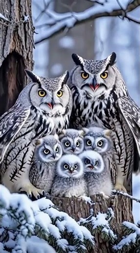 Great Horned Owl Family in Winter - Parents Protect Fluffy Babies! 🦉❄️ #birds