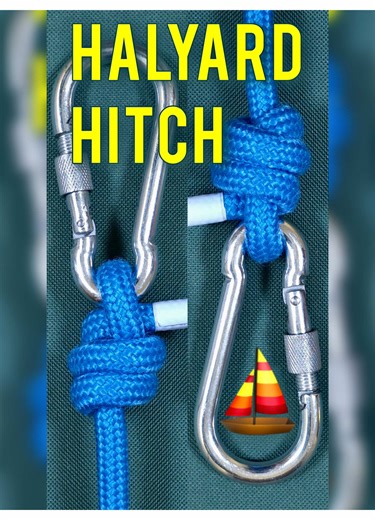 Slowly here ▶️: @Knot Maker In this short I show the Halyard Hitch – a very simple temporary knot for a carabiner, rigging shackle or metal eye. It sits between two of Ashley’s knots (ABOK 1912 and 1913) which have one less and one more turn respectively. It has been described by owners of Jeanneau sailing boats and appears on the Jeanneau Website, Apr 5, 2010. You can tie it in a few seconds. It is small, neat and easy to remember. Good for camping, sailing and daily life with light loads. But 