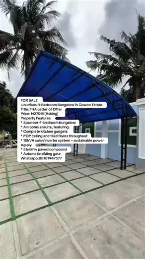 FOR SALE Luxurious 4-Bedroom Bungalow in an Estate. Title: FHA Letter of Offer Price: ₦270M (Asking) Property Features: * Spacious 4-bedroom bungalow * All rooms ensuite, featuring: * Sophisticated WCs * Shower rooms in master and madam bedrooms * Built-in wardrobes * Fully air-conditioned (rooms, living room, and kitchen) * Television included * Modern kitchen equipped with: * Giant refrigerator * Deep freezer * Complete kitchen gadgets * POP ceiling and tiled floors throughout * Beautiful perg