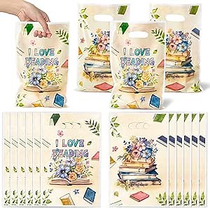 Book Party Favor Bags - 50Pcs Plastic Floral Snack Candy Goodie Gift Bags with Handles Reading Book Themed Party Supplies Kids Birthday Club Decoration