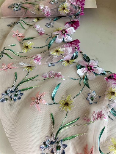 Embroidered Tulle "liri" - Pale Pink Tulle Mesh, Floral Embroidery, Non-stretch. Bra Making. - Etsy