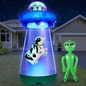 9 FT Halloween UFO Cow Alien Inflatable Yard Decor with LED Blow Up Inflatable Alien and Cow for Halloween Outdoor Yard Garden Lawn Decoration