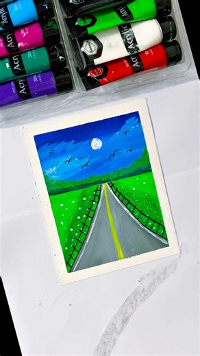 🎨 Easy Sunset Road Scenery Drawing | Sunset Landscape with acrylic Colours #art #scenery #drawing