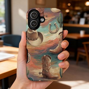 Western iPhone Case, Cowboy Boots, Cowboy Hat, Horseshoe Art, Cactus Pattern, Rodeo Style, Southwestern Phone Case, Country Western Gift - Etsy