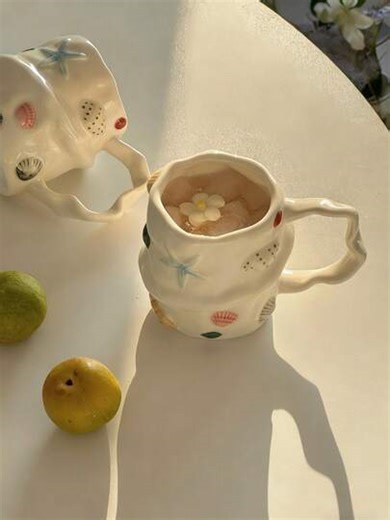 Handmade Asymmetrical 3D Shell Ceramic Mug, Underglaze Ceramic Water Cup, Creative Gift Coffee Cup With Ocean Style | SHEIN