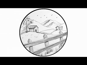 Farm Scene Drawing with House, Fence, and Green Fields