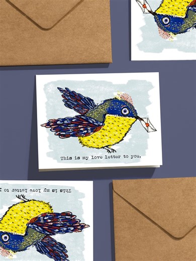 Romantic Bird Love Letter Card – Hand Illustrated Valentine's Day Note - Etsy