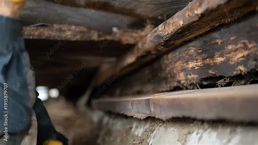 Worker inspecting crawl space for signs of pest infestation using tools to identify and address hidden issues beneath the floor.