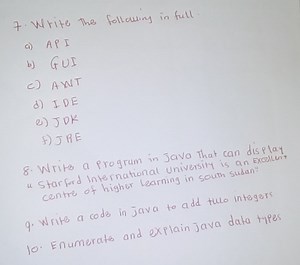 Write the following in full.a) APIb) GUIc) AWTd) IDEe) JDK... | Filo