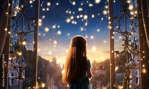 little girl looks out big window in castle magic fairy tale Stock Video
