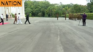 President Uhuru Kenyatta witnesses lowering of flag to half mast at State House in honour of former president Mwai Kibaki. | Nation