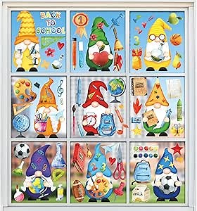 Whaline 9 Sheet Back to School Window Clings Gnome Pencil Book Globe Schoolbag Window Decals Watercolor Double-Sided Prints PVC Stickers for First Day of School Classroom Glass Mirror Decoration