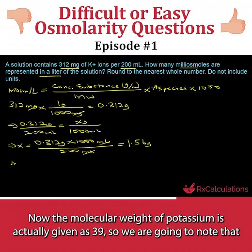 You are a pharmacist student and need to learn osmolarity calculations. This video will teach you how to solve osmolarity calculations step-by-step. Watch this video and learn how to solve osmolarity calculations. This video is 𝗘𝗽𝗶𝘀𝗼𝗱𝗲 #𝟭 in the series of videos we will be releasing so tag a friend and leave a comment whether you think this question is difficult or easy… Enjoy! 𝗪𝗮𝗻𝘁 𝗠𝗼𝗿𝗲? Click here now and watch more osmolarity calculations videos: https://youtu.be/2rve4MYvOSY C