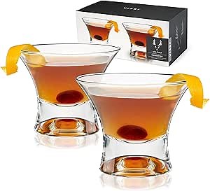 Viski Heavy Base Stemless Manhattan Glasses Set of 2 - Premium Crystal Cocktail Glass, Stemless Martini Glasses, Cocktail Glass Gift Set, 7 oz