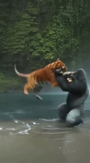 WATCH! A gorilla and a tiger were fighting each other by the river
