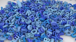 Blue letters are falling on bright ground. Animation of falling down letters with mask for letters included.