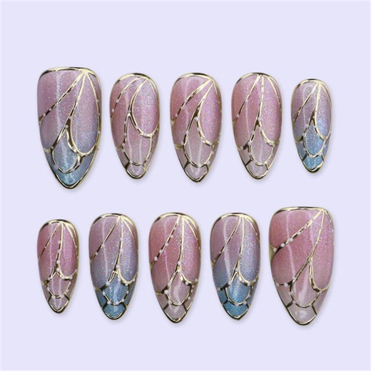 Butterfly Wing Cat Eye Press on Nails in Pink & Blue |medium Almond Handmade Fake Nails | Elegant Shimmer Nail Art for Wedding, Party - Etsy
